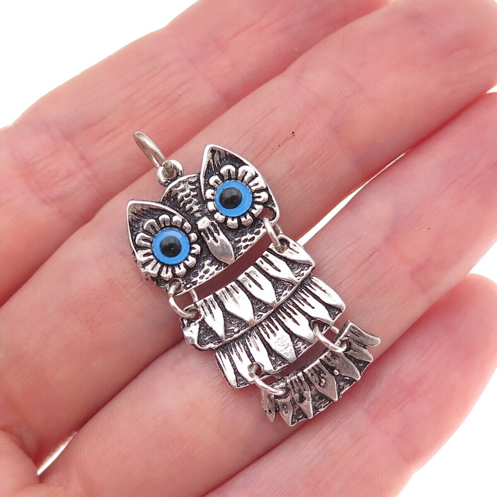 925 Sterling Silver Vintage Glass Wise Owl Articulated Charm Pendant